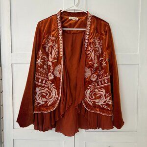 Indigo Thread Co. Embroidered Open Front Jacket – Size S Velvet with Woven Gauze
